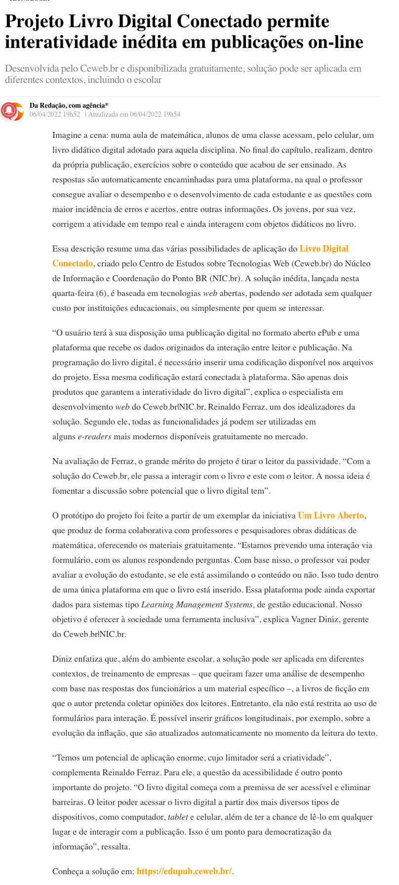 Projeto Livro Digital Conectado permite interatividade inédita em publicações on-line